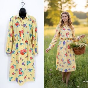 Vintage Tanner Cottagecore Floral Midi Length Shirt Dress Yellow Size 10